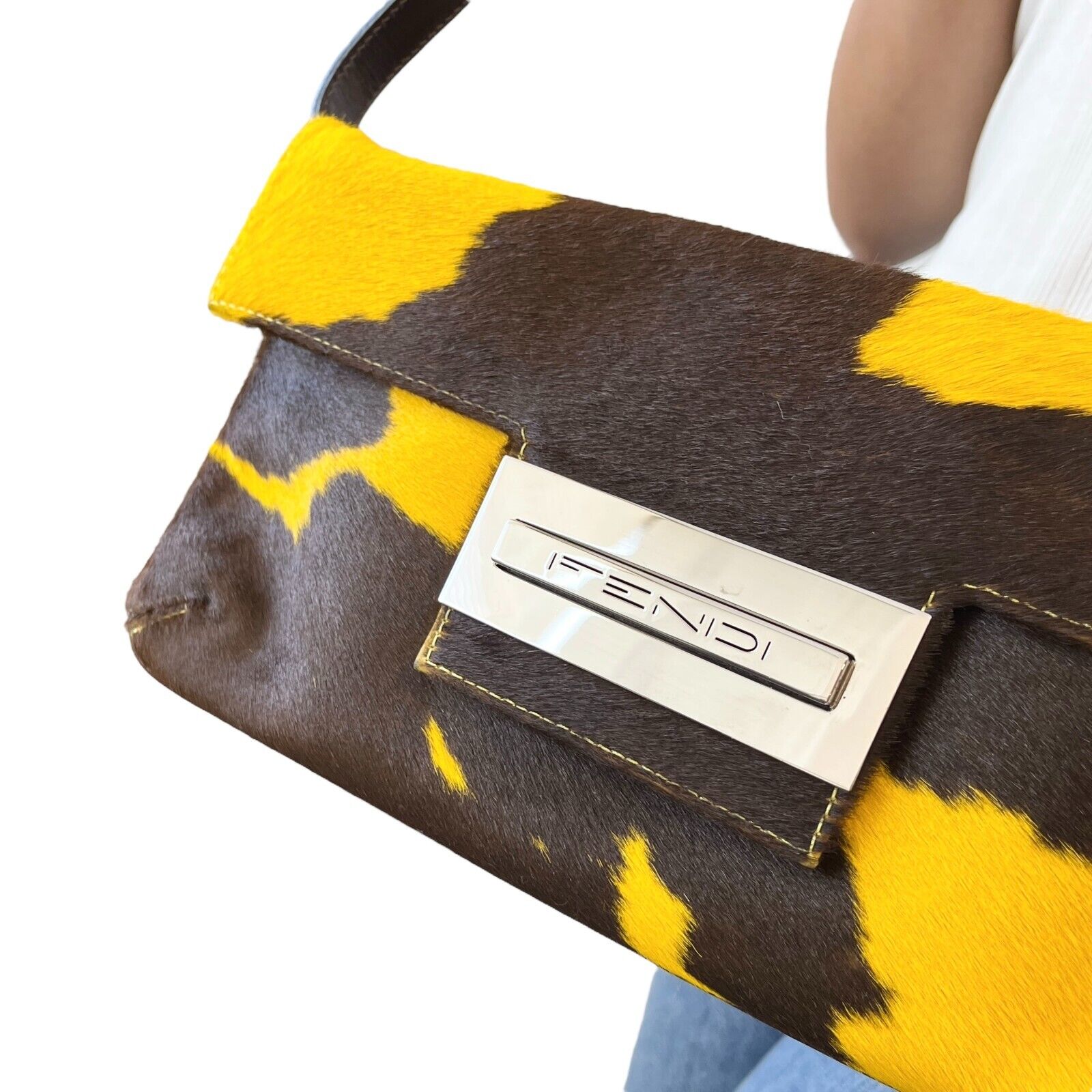 FENDI Vintage Cow Mamma Baguette Body Shoulder Bag Yellow Calf Hair Rank AB+