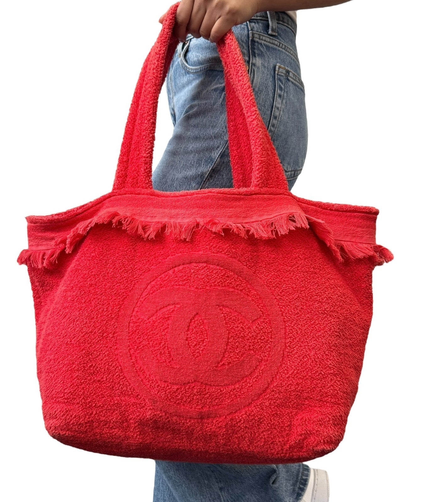 CHANEL Vintage CC Logo Beach Tote Shoulder Bag Red Cotton Terry Cloth Fringe