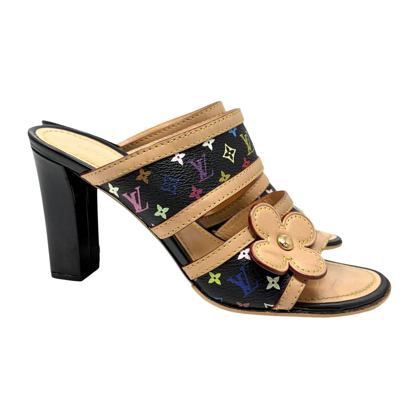 LOUIS VUITTON Vintage Monogram Multicolor Flower Sandals #36 Black Beige 901839
