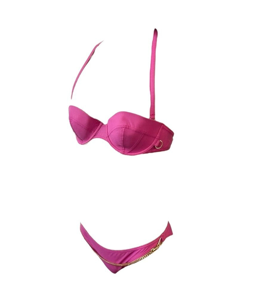 Christian Dior Vintage Logo Swimsuit Swimwear Bikini #36 Pink Gold Nylon RankAB