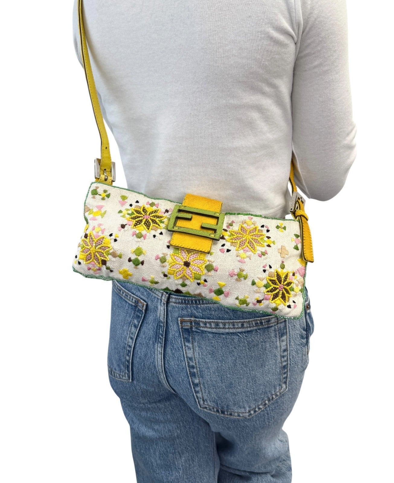 FENDI Vintage FF Beads Mamma Baguette Crossbody Bag Flower Embroidery Yellow