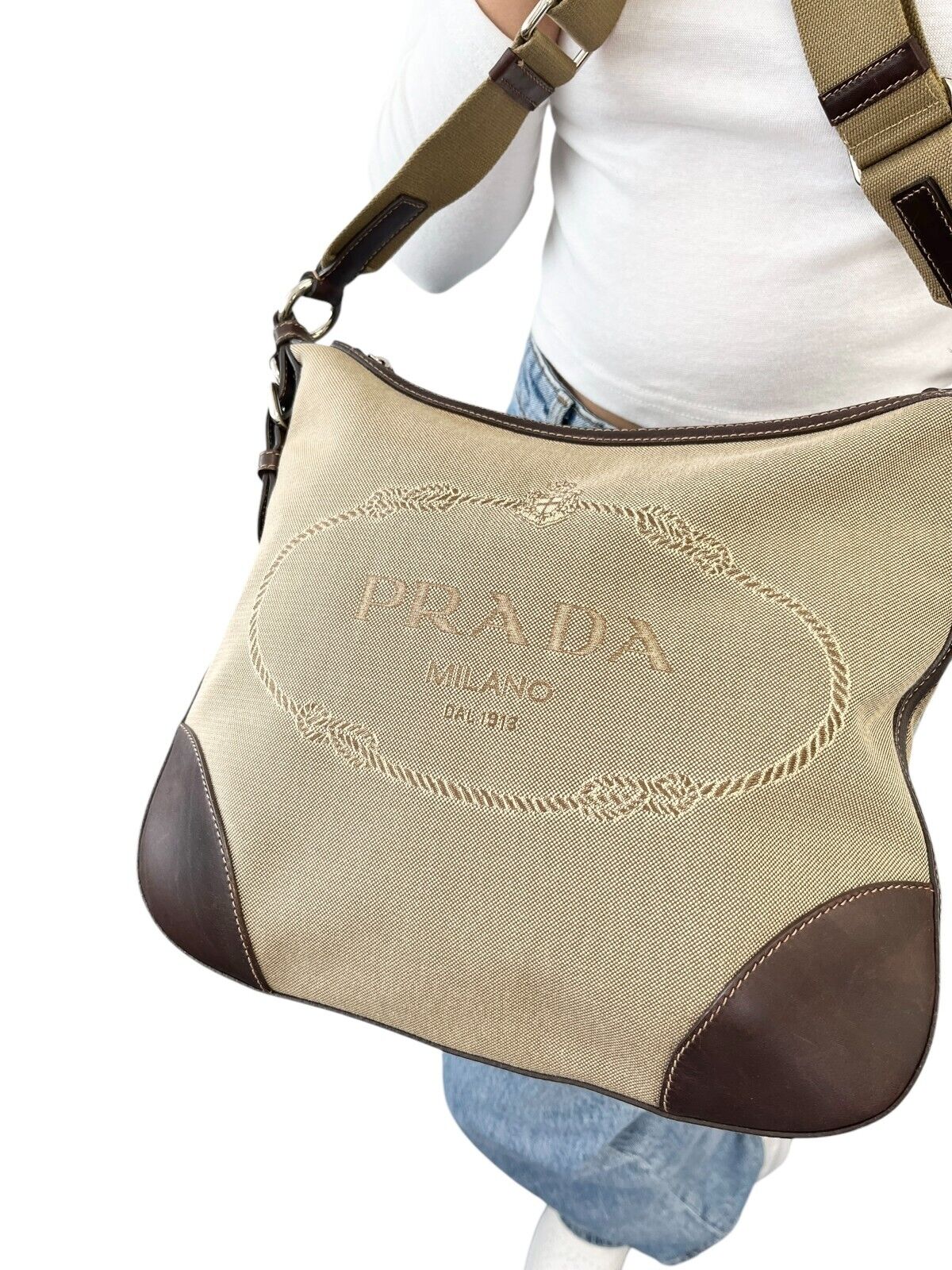 PRADA Vintage Logo Crossbody Shoulder Bag Zip Beige Brown Silver Canvas Leather