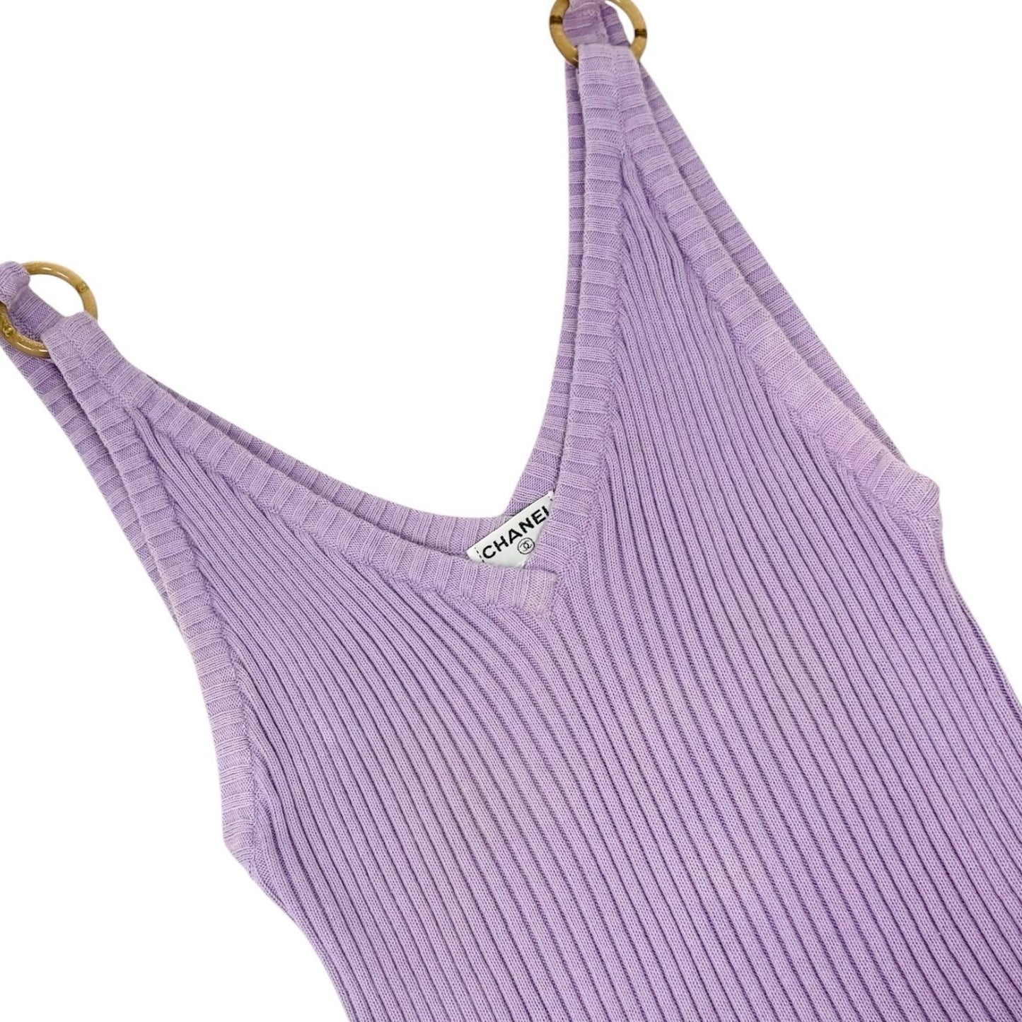 CHANEL Vintage 01C CC Gold Ring Knit Ribed Tank Camisole Top #40 Purple 902084