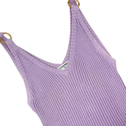 CHANEL Vintage 01C CC Gold Ring Knit Ribed Tank Camisole Top #40 Purple 902084