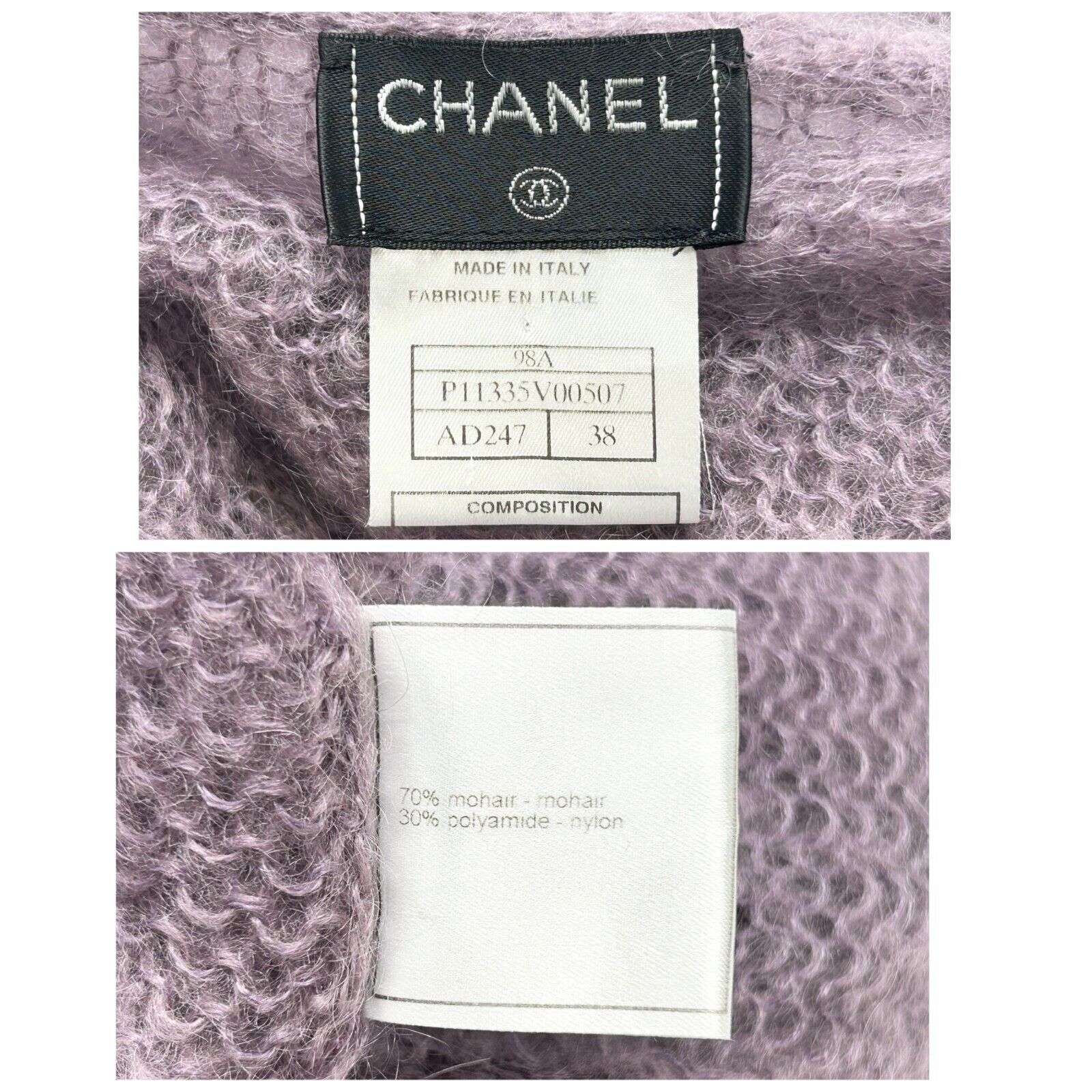 CHANEL Vintage 98A CC Mark Logo Sweater Top #38 Clochette Purple Mohair RankAB