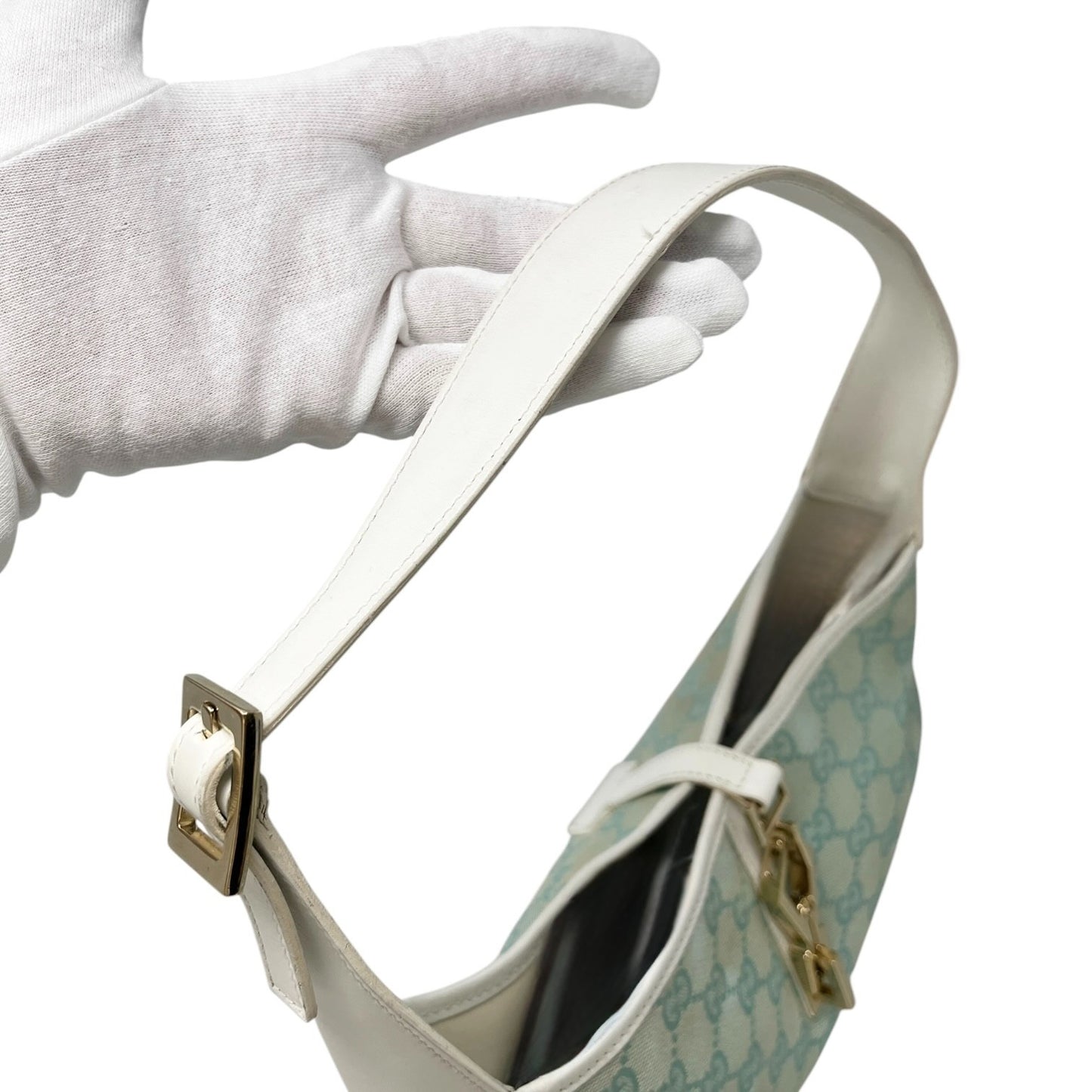 GUCCI Vintage Jackie GG Monogram Shoulder Bag Light Blue White Canvas 106547