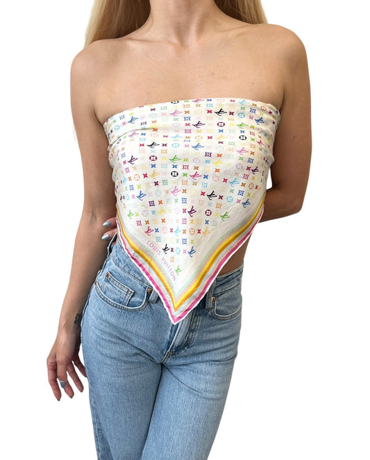 LOUIS VUITTON Vintage LV Logo Monogram Multicolor Scarf Wrap Top White Silk