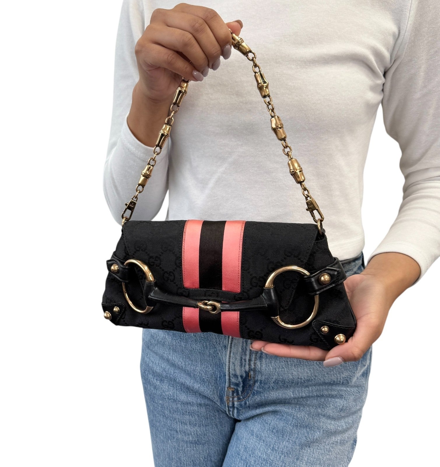 GUCCI Vintage GG Logo Monogram Horsebit Shoulder Clutch Bag Chain Black Pink