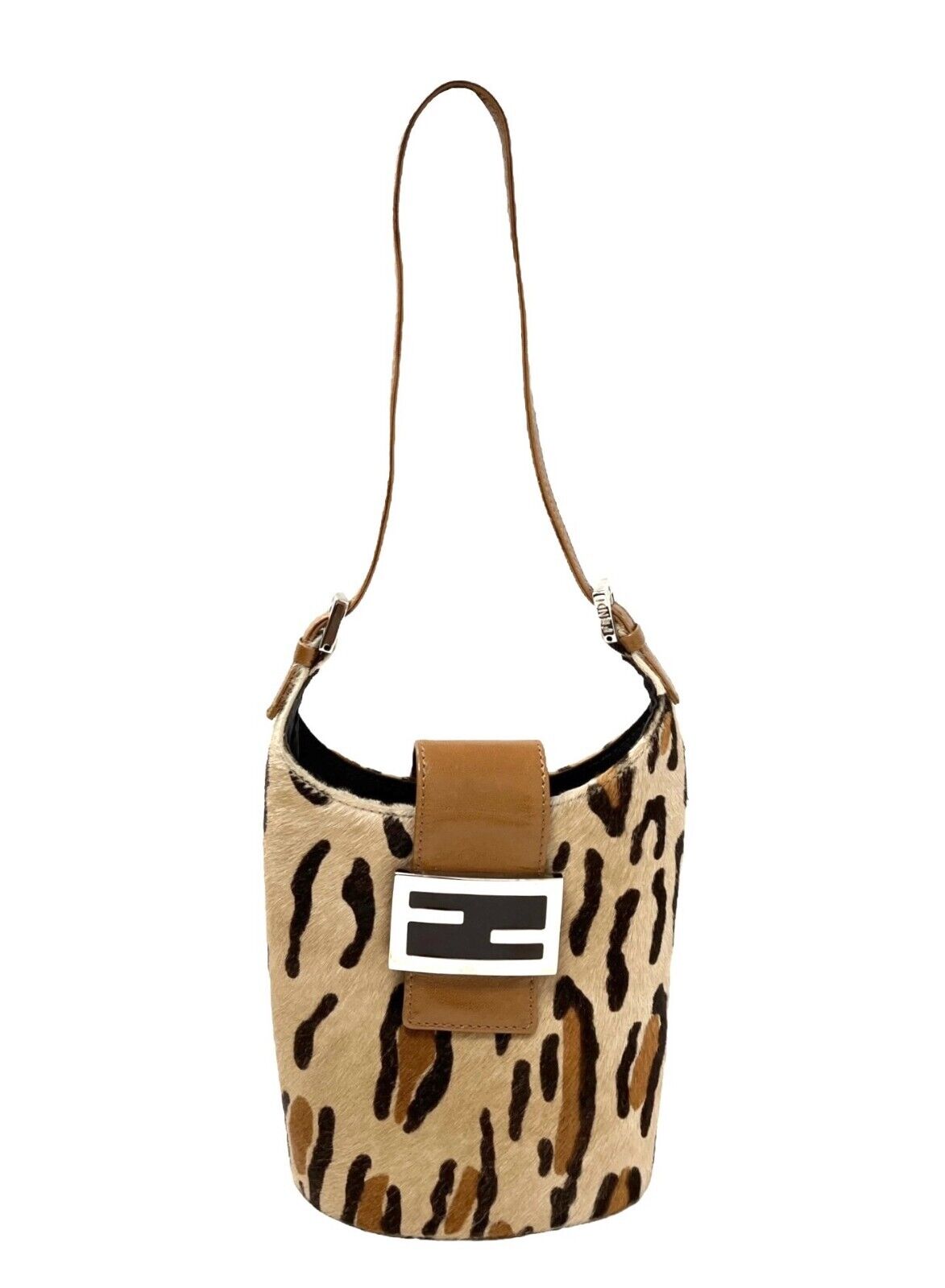 FENDI Vintage FF Logo Animal Print Mini Shoulder Bag Calf Hair Beige Rank AB