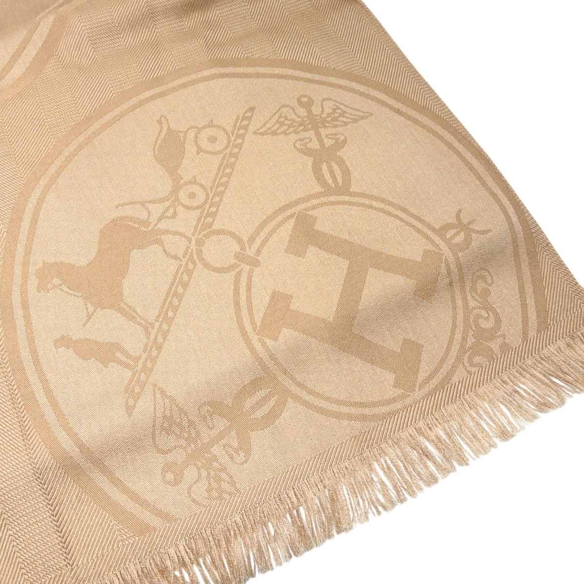 HERMES Vintage H Logo Cashmere New Libris Shawl Scarf Wrap Beige Silk 902845