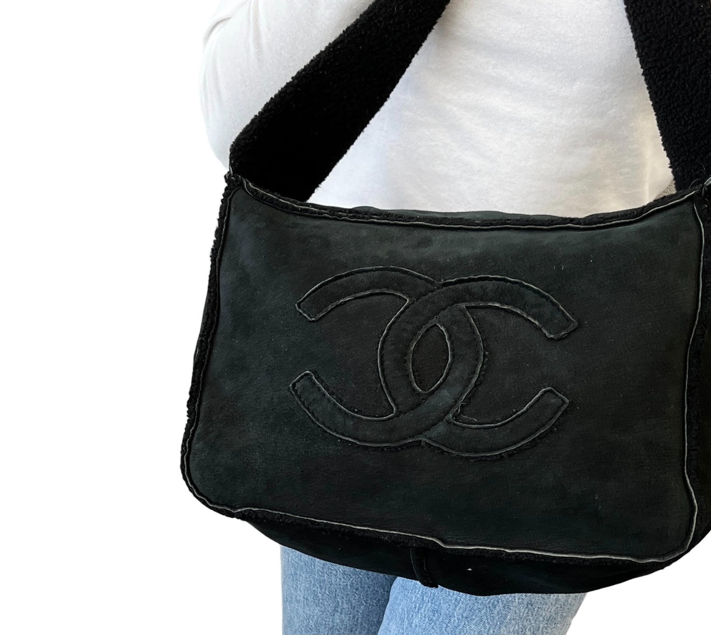 CHANEL Vintage Big CC Shearling Leather One Shoulder Bag Black Mouton Boa