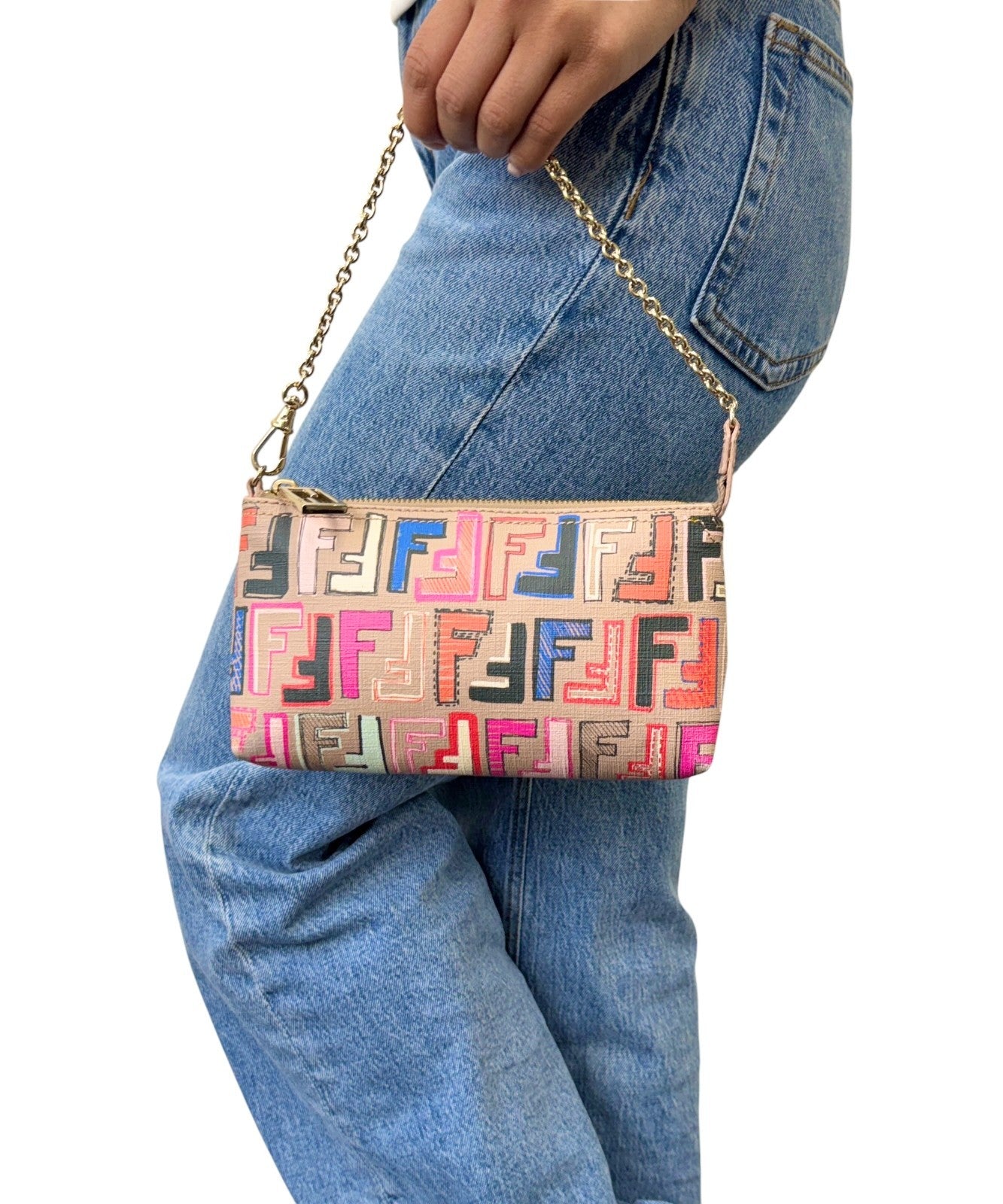 FENDI Vintage Zucca FF Monogram Chain Bag Pochette Beige Multicolor 901881