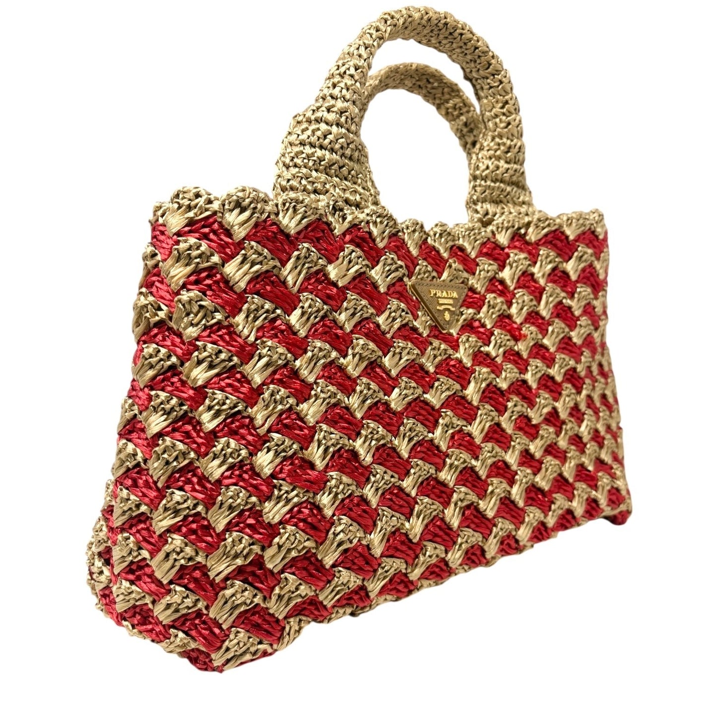 PRADA Vintage Triangle Logo Raffia Canapa Tote Bag Red Beige Gold Crochet