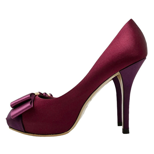 LOUIS VUITTON LV Logo Sandals Heels #38.5 US8 Open Toe Ribbon Red Purple RankAB