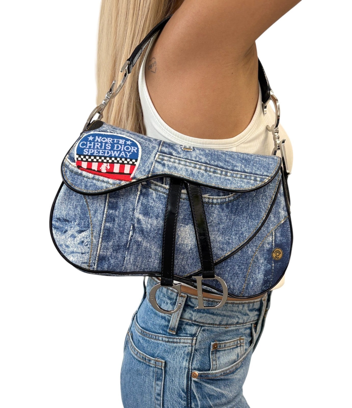 Christian Dior Vintage 2001 Speedway Denim Saddle Bag Blue Black Cotton