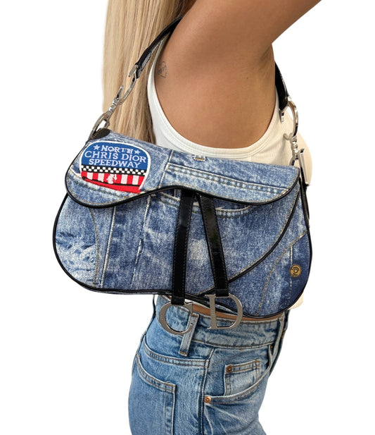 Christian Dior Vintage 2001 Speedway Denim Saddle Bag Blue Black Cotton