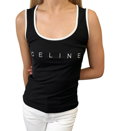 CELINE Vintage Logo Tank Top #38 Black White Polyester Sleeveless 902071
