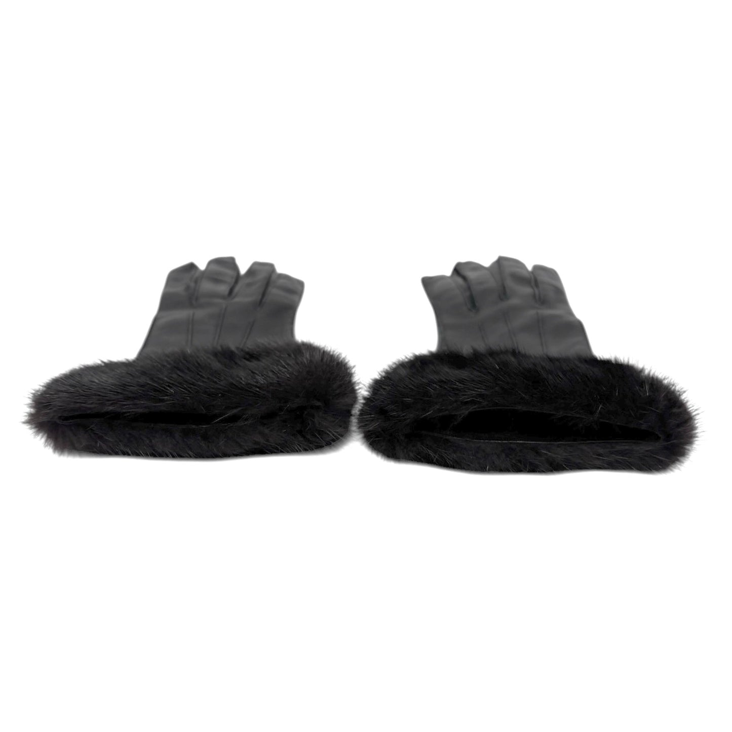GUCCI Vintage Horsebit Fur Trim Lambskin Leather Gloves #6.5 Black Silver