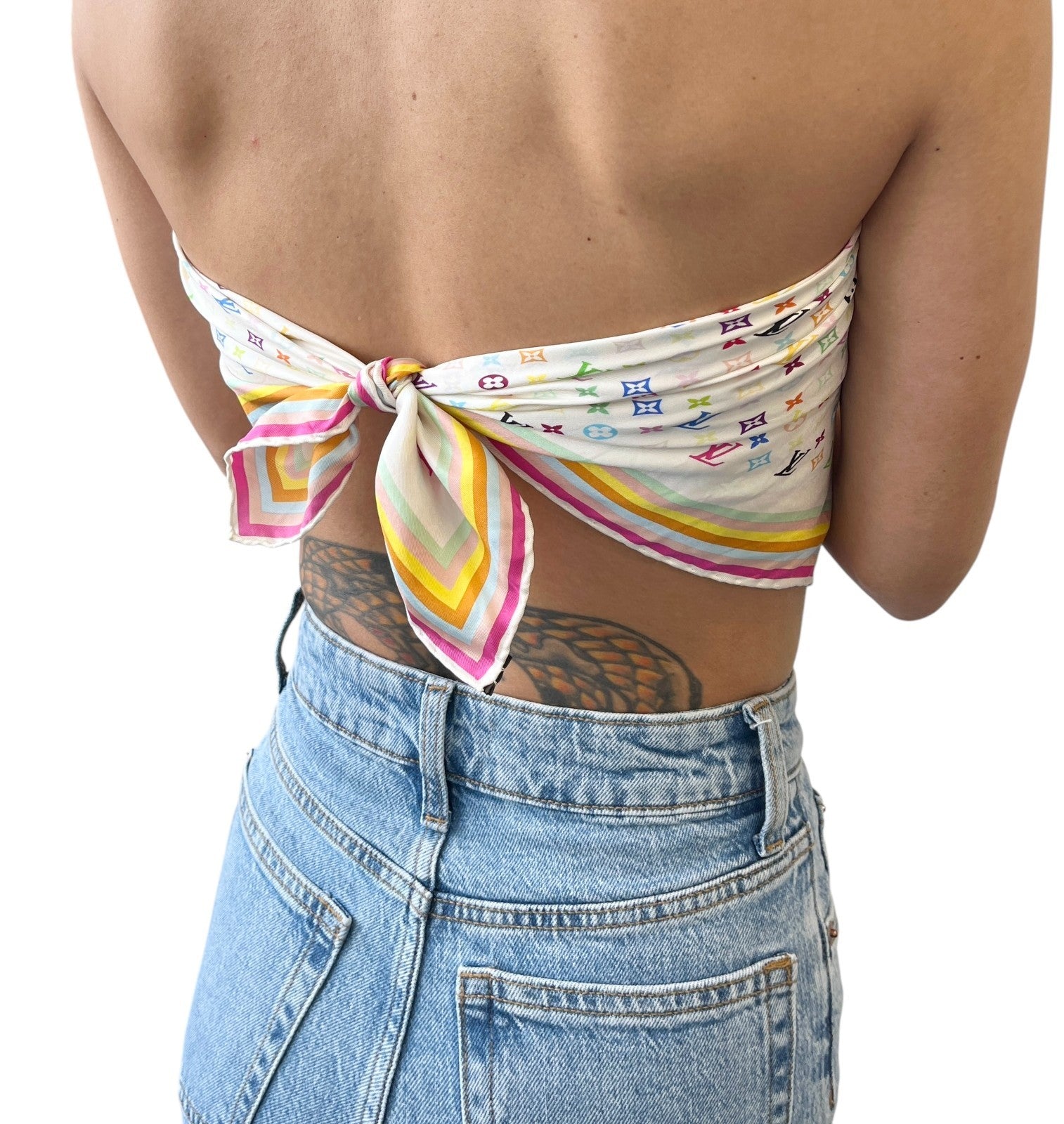 LOUIS VUITTON Vintage LV Monogram Multicolor Scarf Wrap Top White Silk