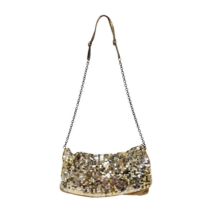 PRADA Vintage Triangle Logo Sequins Shoulder Bag Pochette Handbag Gold 902280