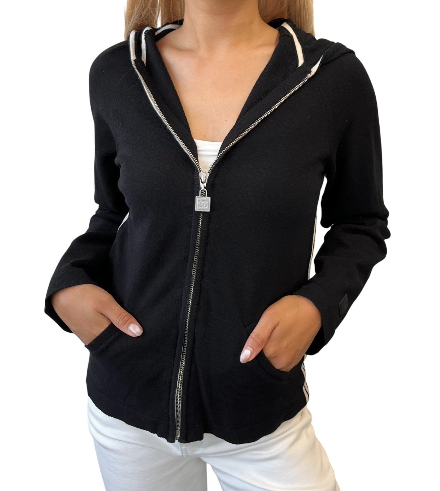 CHANEL Sport Vintage 04A CC Logo Jacket Top Hoodie #40 Black White Wool Zip