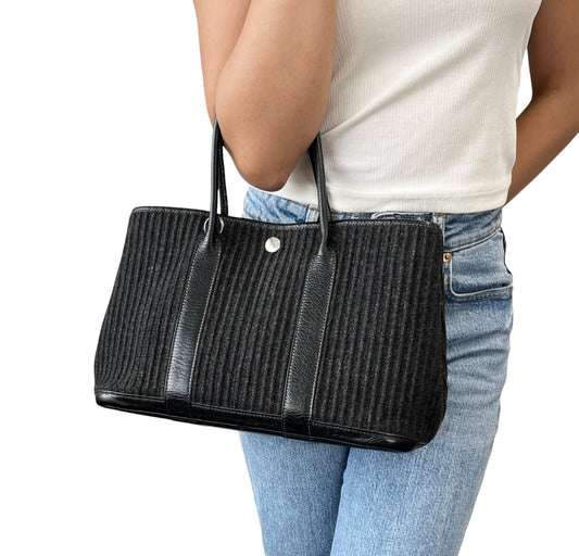 HERMES Vintage Ribbed Wool Garden Party 30 PM 2way Bag Black Silver Leather