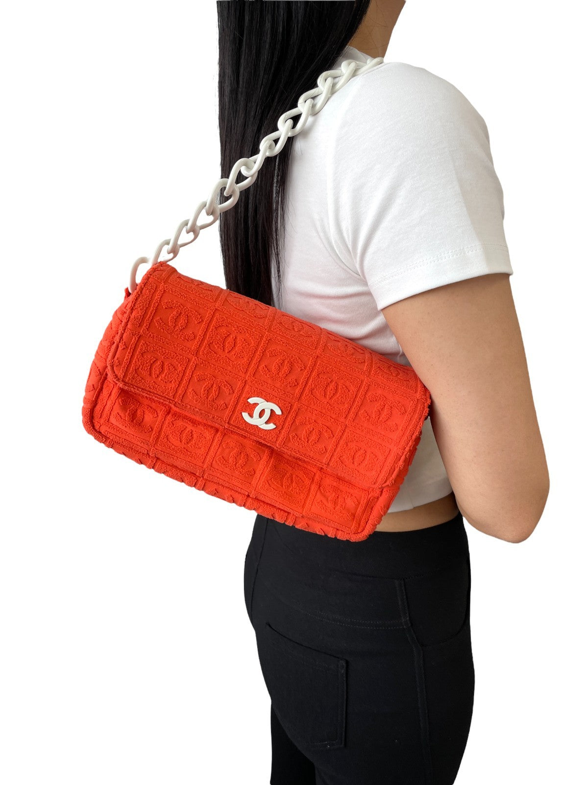 CHANEL Vintage 02S CC Logo Chain Shoulder Bag Handbag Terry Cloth Orange White