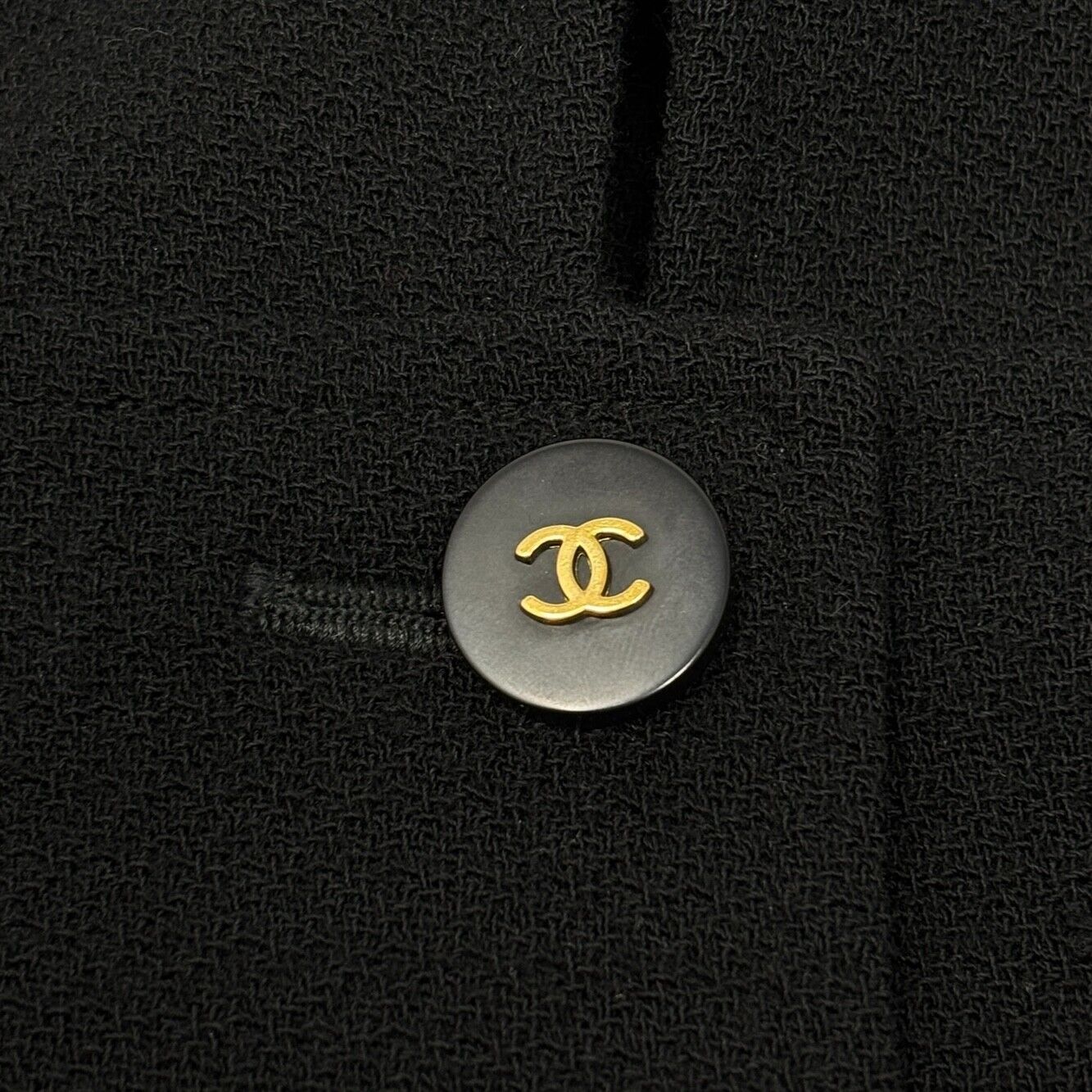 CHANEL Vintage CC Logo Button Long Jacket Top Black Gold Wool Pocket Collar