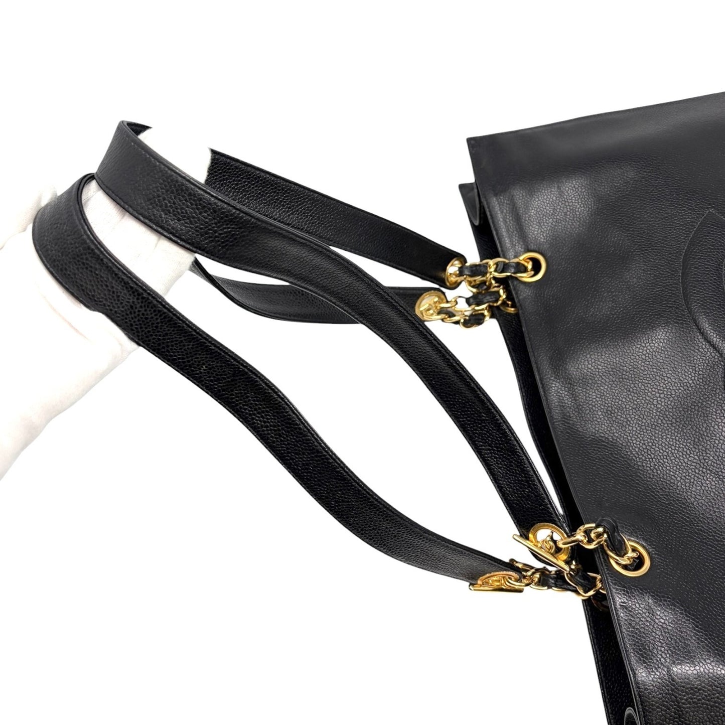 CHANEL Vintage Bic CC Logo Chain Shoulder Tote Bag Black Gold Leather 902079