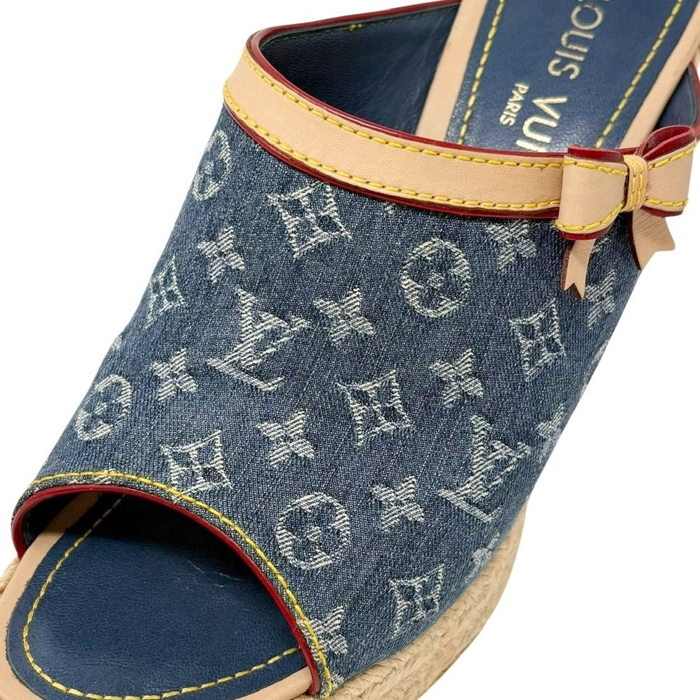 LOUIS VUITTON Vintage Monogram LV Logo Denim Sandals Heels #37.5 Blue Leather