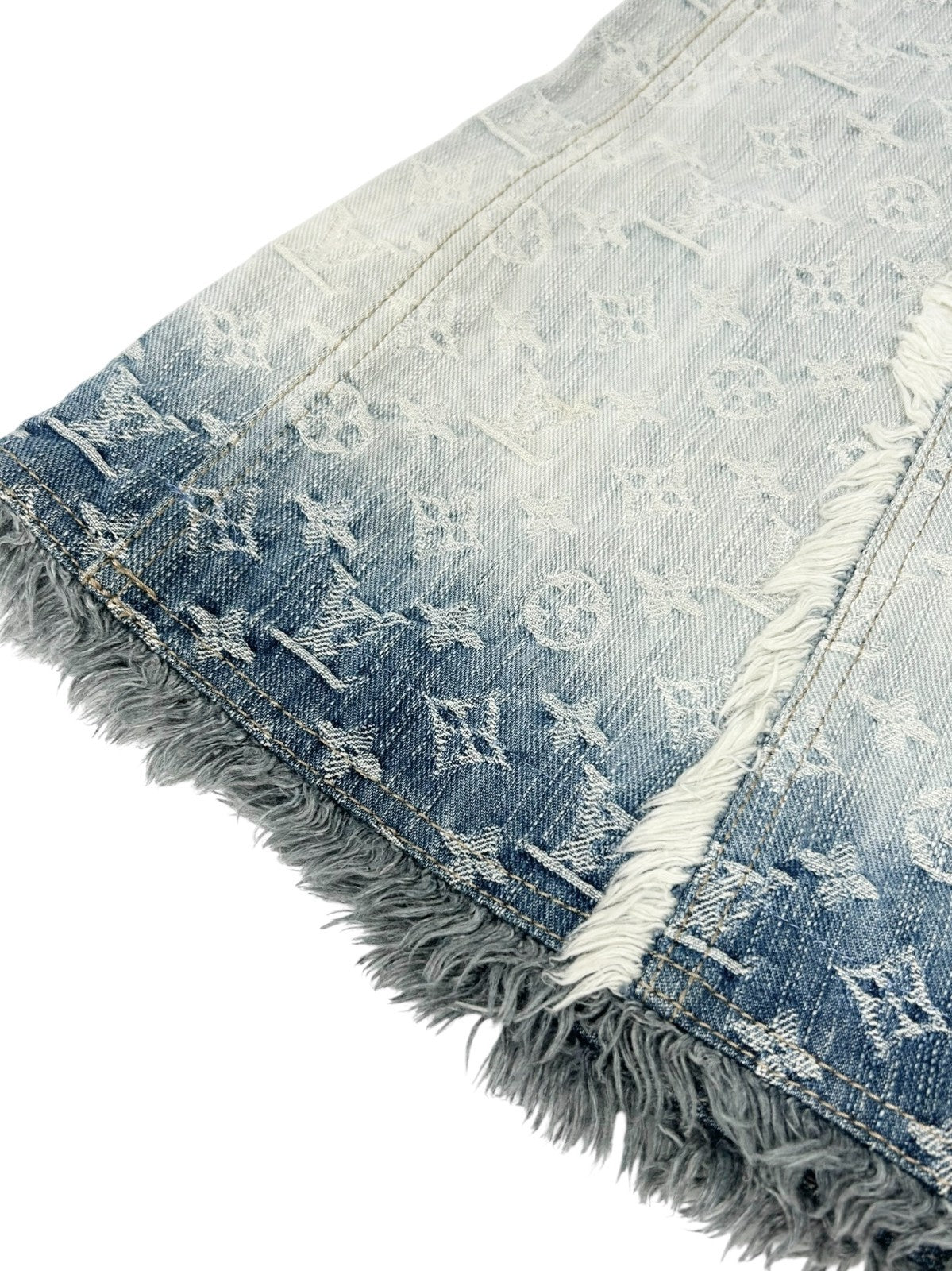 LOUIS VUITTON Vintage LV Monogram Denim Gradation Mini Skirt Fringe Blue Cotton