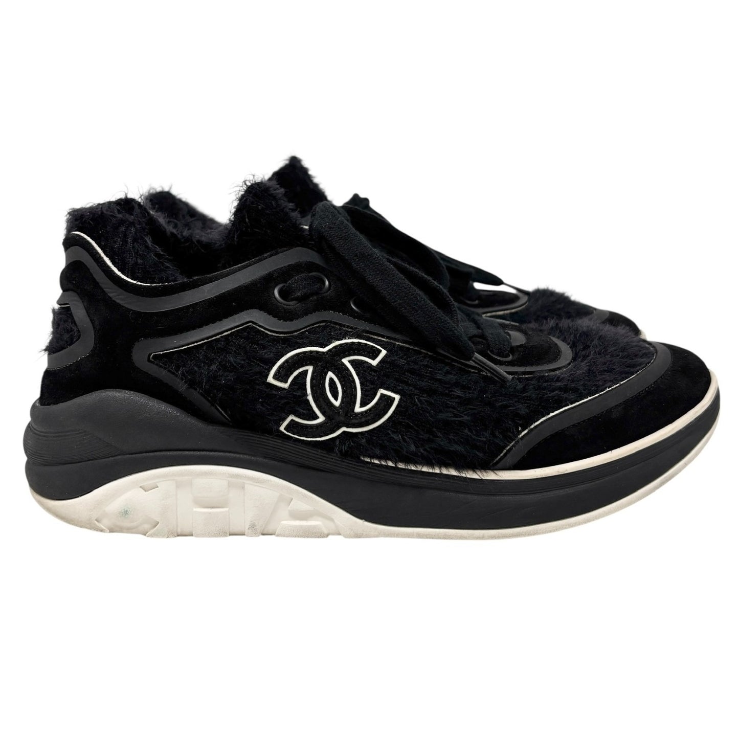 CHANEL Vintage G35202 CC Logo Socks Sneakers #37 Shoes Black White Suede