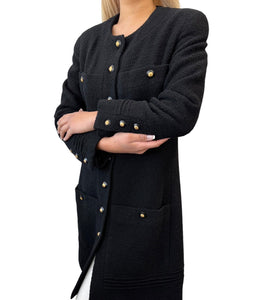 CHANEL Vintage CC Logo Long Tweed Jacket #M Coat Black Gold Wool Silk Button