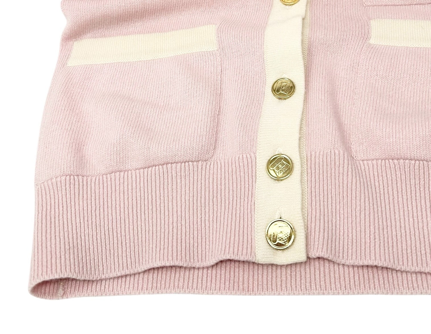 CHANEL Vintage CC Mark Logo Cardigan Pink Cream Cashmere Button Pockets Sweater