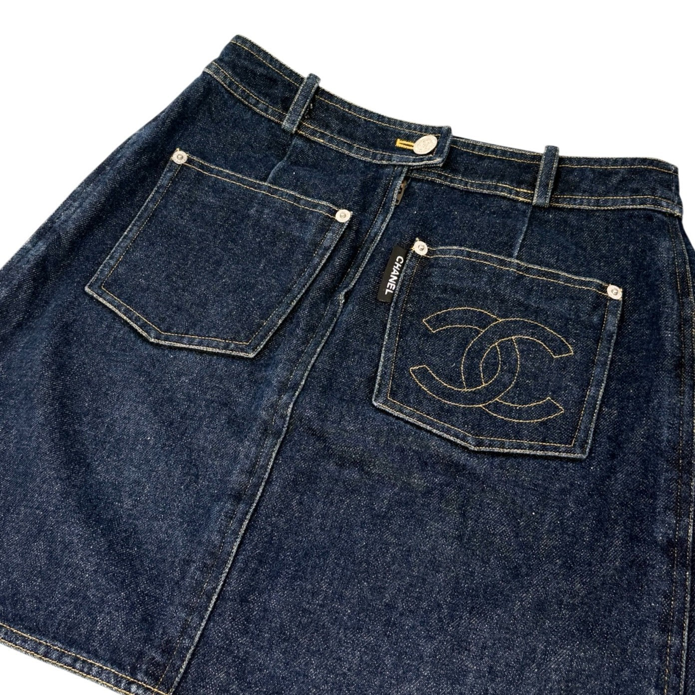 CHANEL Vintage 96P CC Mark Logo Denim Skirt #36 Dark Blue Yellow Cotton