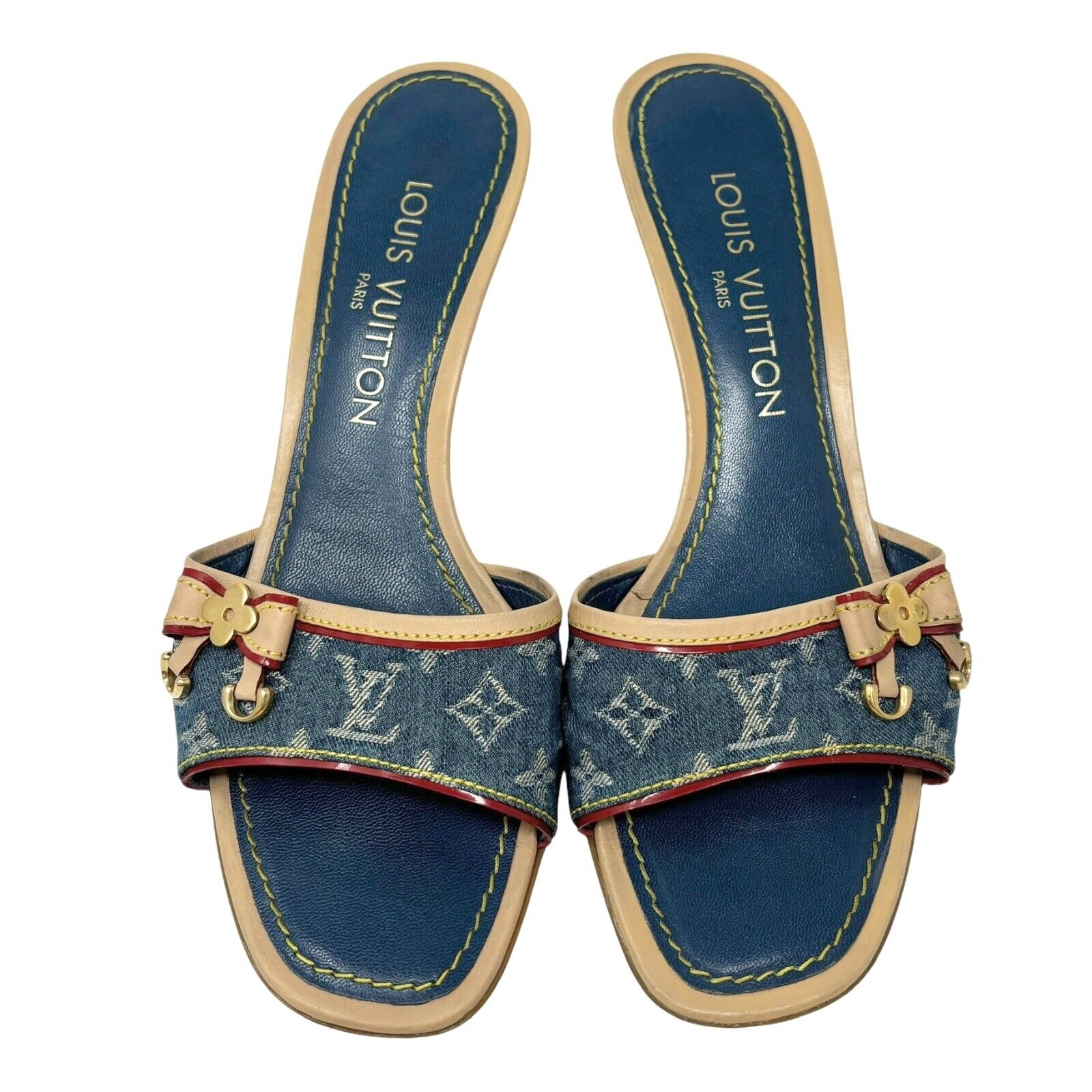 LOUIS VUITTON Vintage LV Monogram Denim Sandals #36.5 US 6.5 Blue Red Rank AB