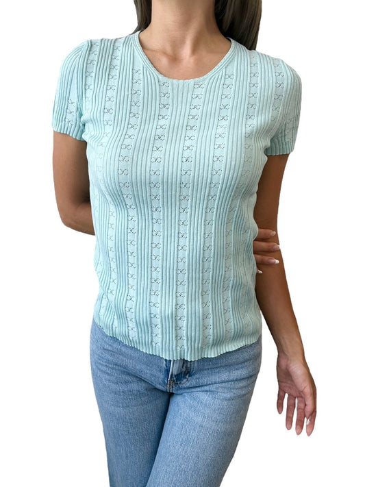 CHANEL Vintage CC Logo Rib Knit T-shirt Top Light Blue Cotton 901807