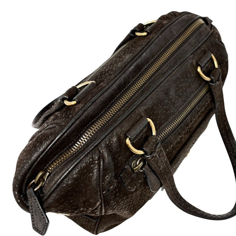 PRADA Vintage Logo Shoulder Bag Tote Bag Stitch Pocket Brown Gold Leather