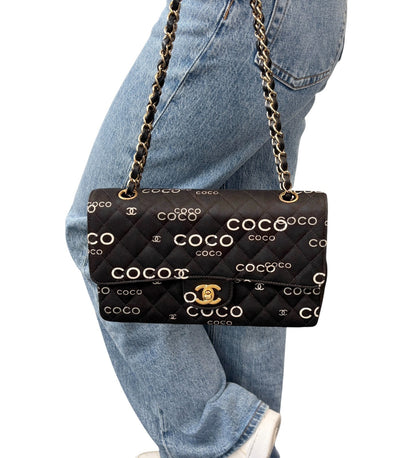 CHANEL Vintage CC Logo Print Turnlock Quilted Chain Shoulder Bag Black 902275