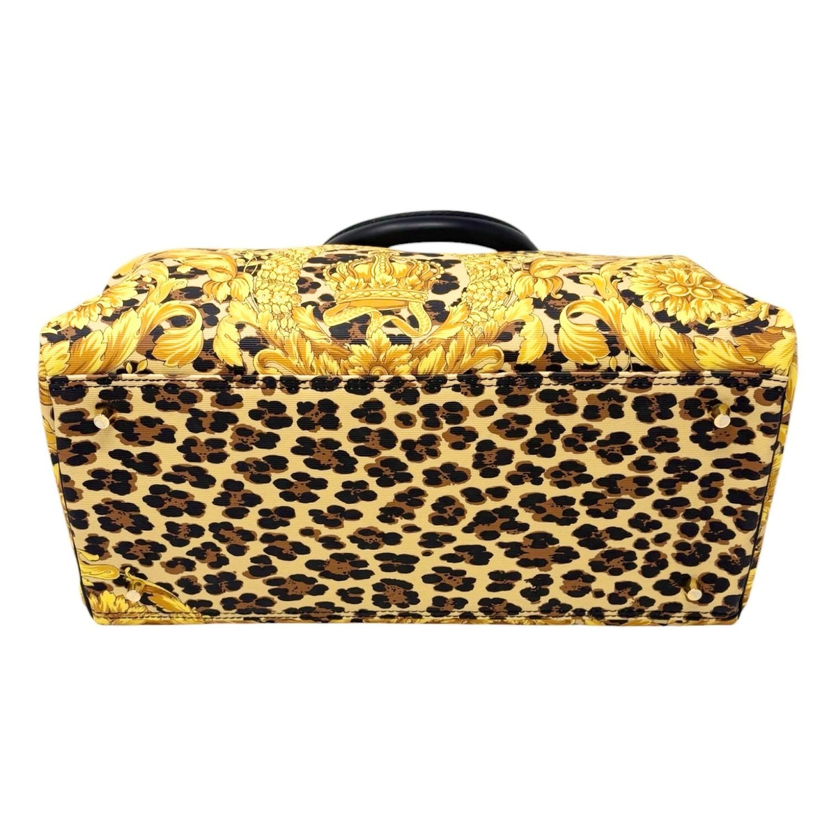 VERSACE Vintage Logo Leopard Baroque Crown Satchel Bag Yellow Black 902314