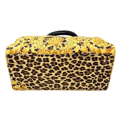 VERSACE Vintage Logo Leopard Baroque Crown Satchel Bag Yellow Black 902314