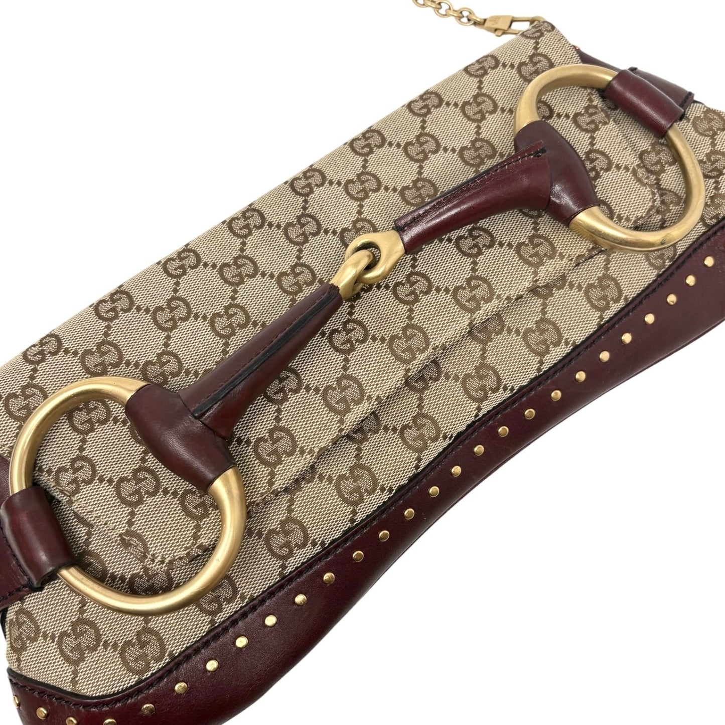 GUCCI Vintage Horsebit GG Monogram Chain Shoulder Bag Studs Beige 901830