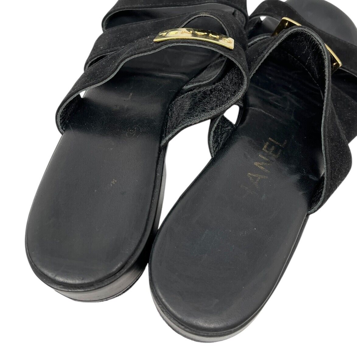 CHANEL Vintage CC Mark Logo Plate Slide Sandals #37-37.5 Black Gold Suede