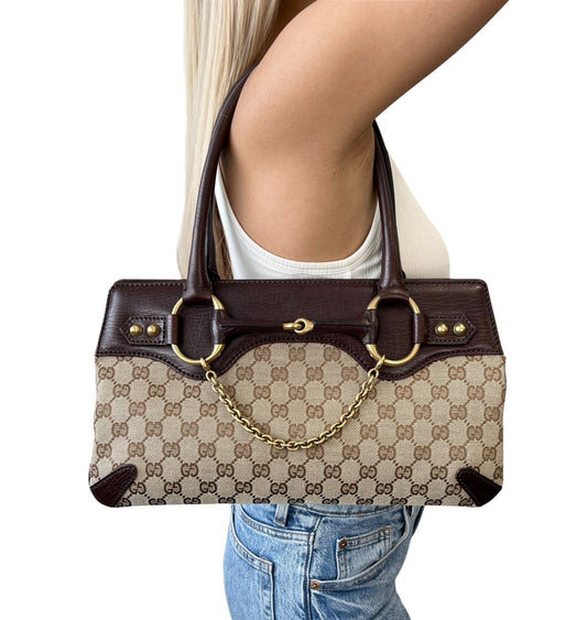 GUCCI Vintage GG Monogram Horsebit Chain Tote Bag Beige Brown Canvas 901926