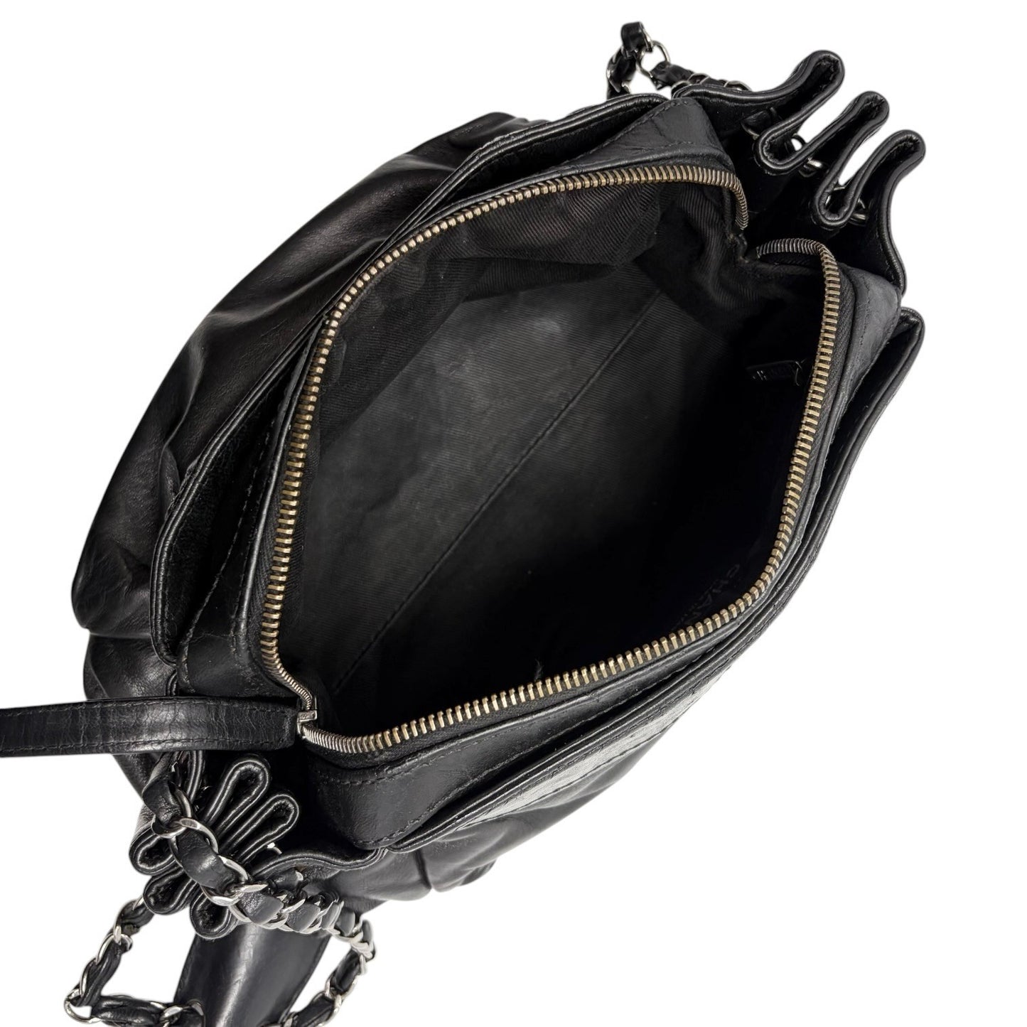 CHANEL Vintage Logo Plate Chain Shoulder Bag Black Silver Leather 902441