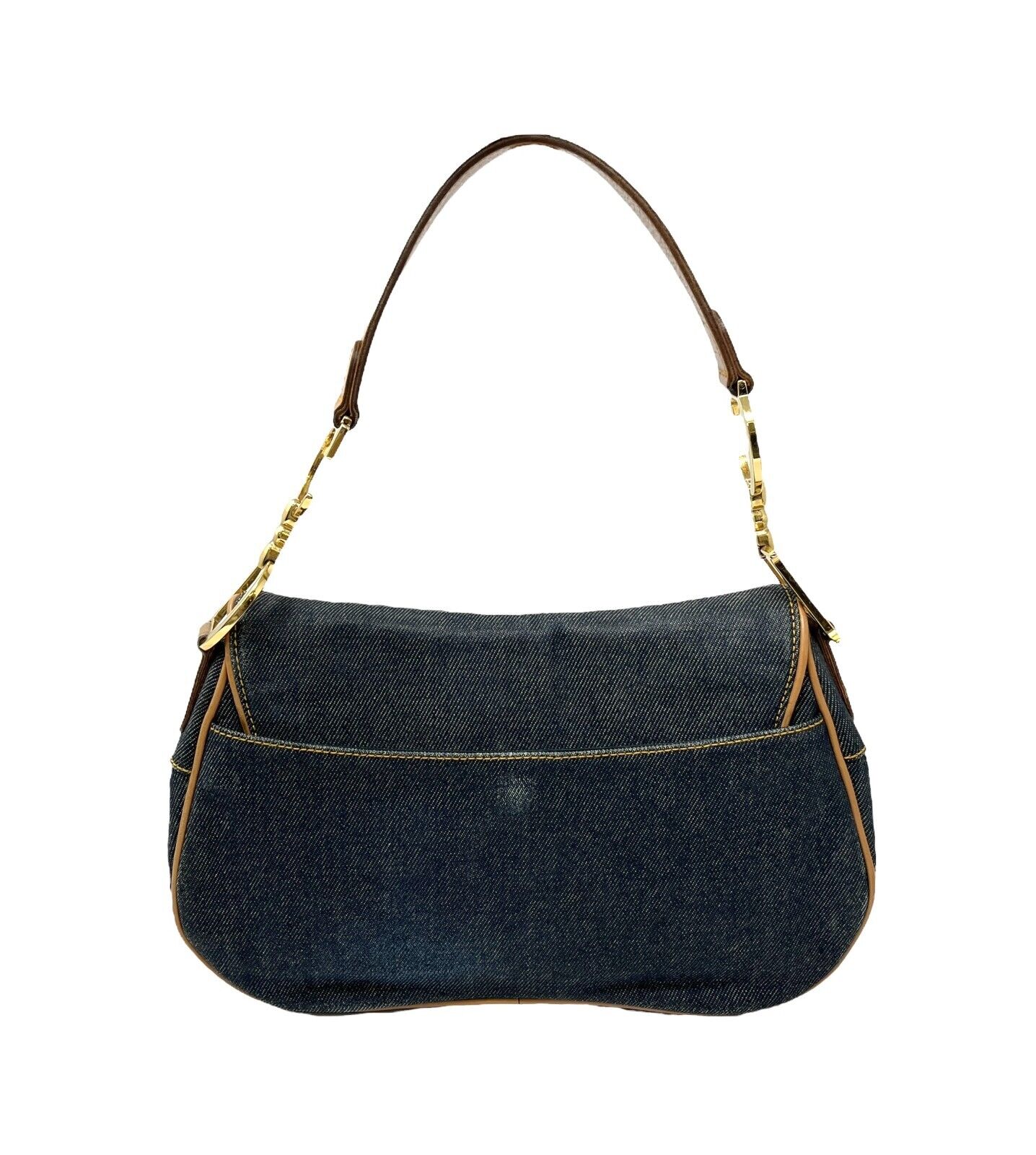 Christian Dior Vintage Double Saddle Bag Denim Dark Blue Brown Cotton Rank AB