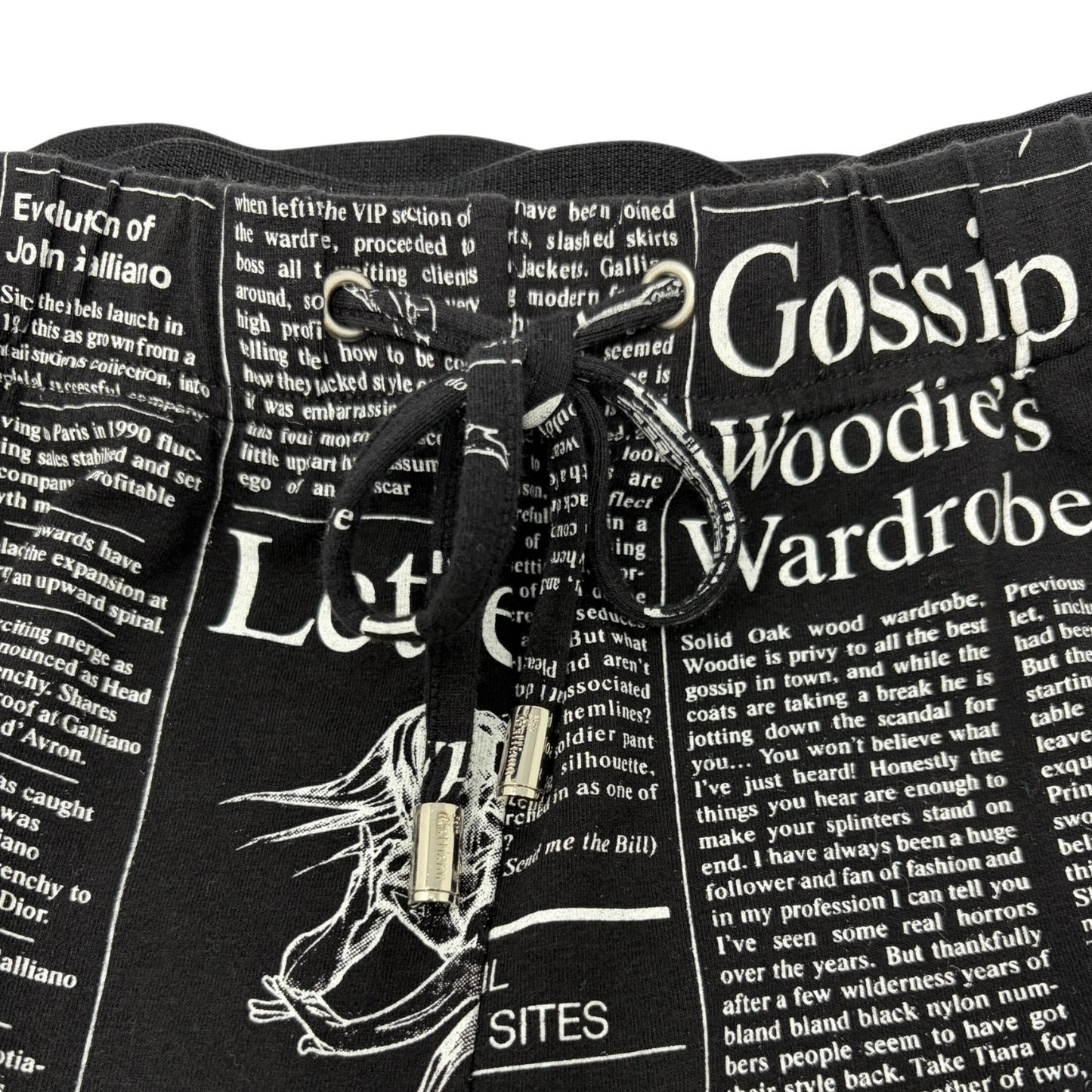 John Galliano Vintage Newspaper Print Hoodie Top Pants Set #XS Black 902549