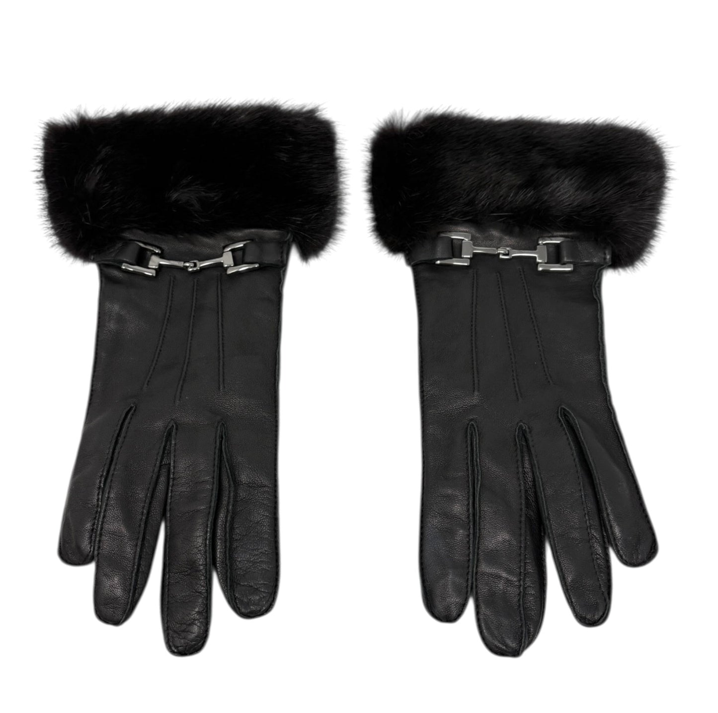 GUCCI Vintage Horsebit Fur Trim Lambskin Leather Gloves #6.5 Black Silver