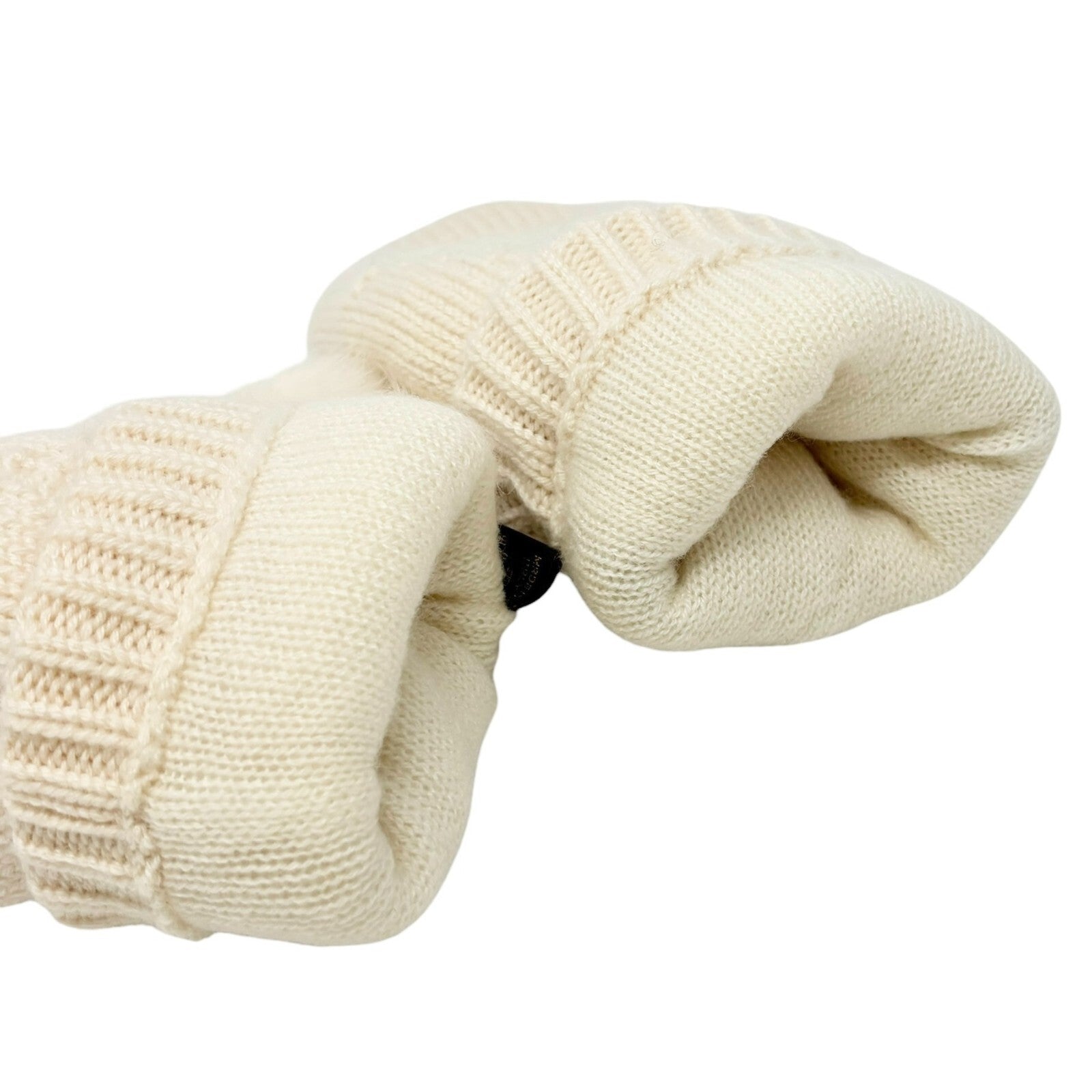 LOUIS VUITTON Vintage LV Logo Knit Gloves Mink Pompons Cream Cashmere