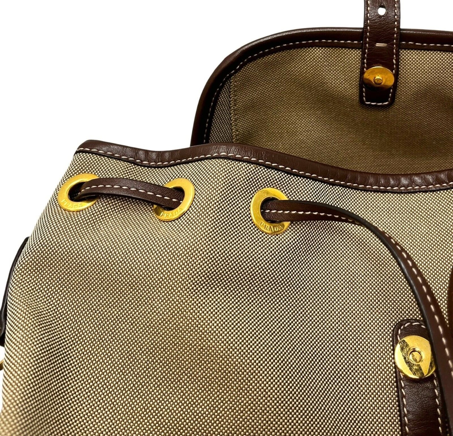 PRADA Vintage Logo Jacquard Backpack Brown Gold Canvas Leather Magnetic Zip